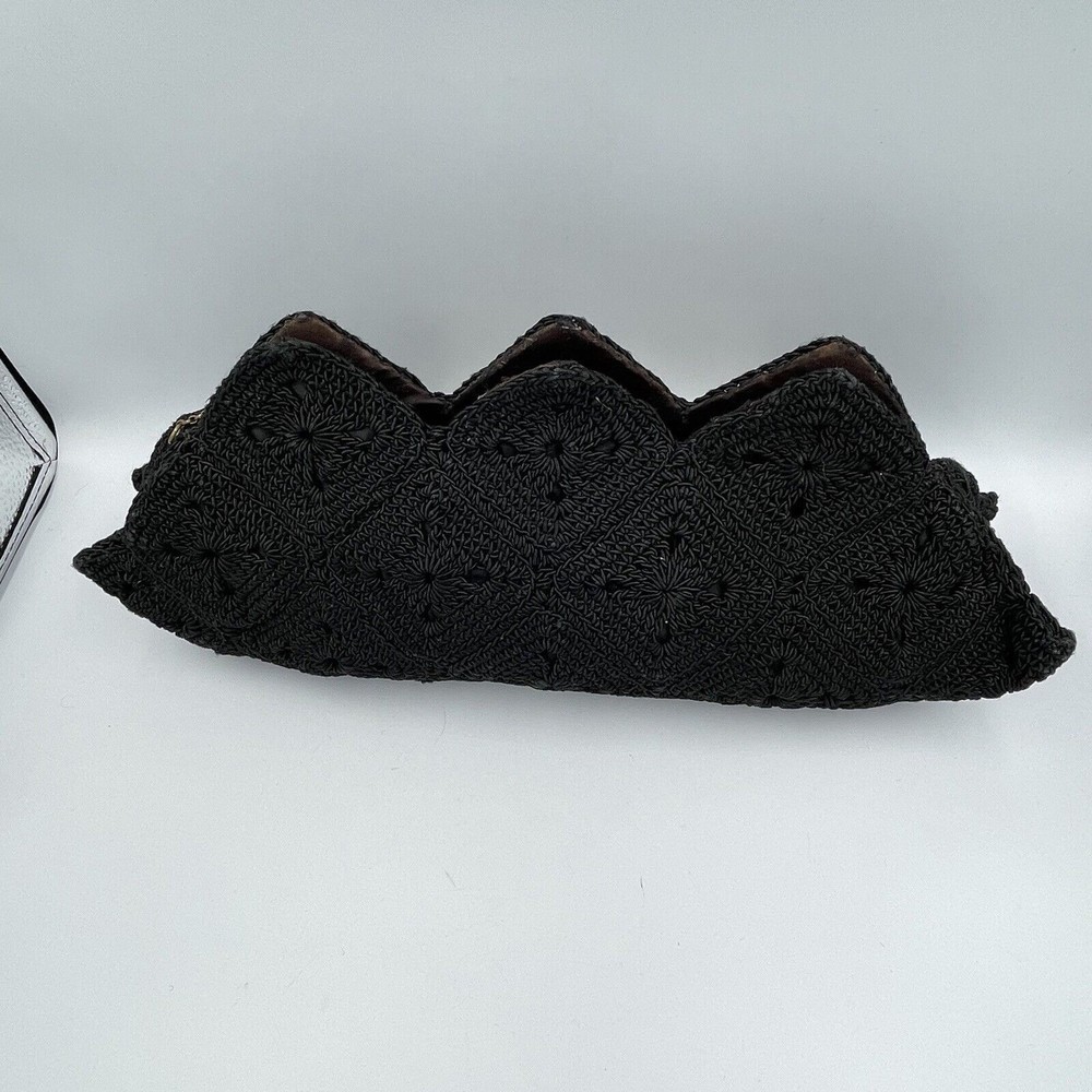 1940s Vintage Black Crochet Corde Shell Shape Clutch Women Bag - Picture 2 of 16
